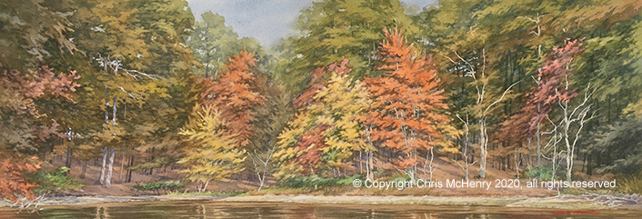autumn watercolor painting of Lake Hamilton, Hot Springs, Arkansas Hot Springs artist Chris McHenry