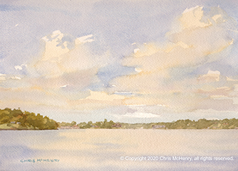 watercolor painting of Lake Hamilton, Hot Springs, Arkansas by Hot Springs artist Chris McHenry