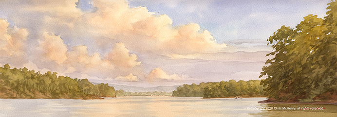 watercolor painting of Lake Hamilton, Hot Springs, Arkansas by Hot Springs artist Chris McHenry
