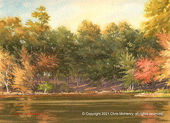watercolor painting of Electric Island in autumn, Hot Springs, Arkansas by Hot Springs artist Chris McHenry
