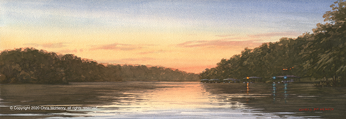 watecolor painting of Lake Hamilton, Hot Springs, Arkansas Hot Springs artist Chris McHenry