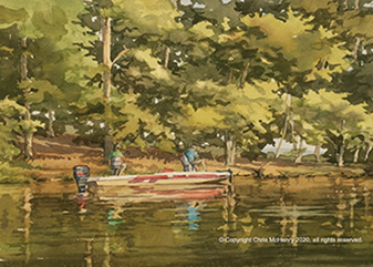  watercolor painting of fishing on Lake Hamilton, Hot Springs, Arkansas by Hot Springs artist Chris McHenry