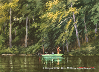 watercolor painting of Lake Hamilton, Hot Springs, Arkansas by Hot Springs AR artist Chris McHenry