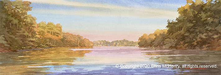 watecolor painting of Lake Hamilton, Hot Springs, Arkansas viewed from Garvan Gardens cove by Hot Springs artist Chris McHenry