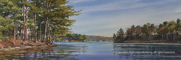 watercolor painting of Lake Hamilton, Hot Springs, Arkansas by Hot Springs artist Chris McHenry