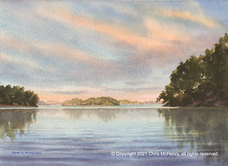 watercolor painting looking towards Long Island, Lake Hamilton, Hot Springs, Arkansas by Hot Springs artist Chris McHenry