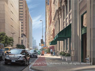 Downtown Dallas painting of Magnolia Hotel by Dallas artist Chris McHenry