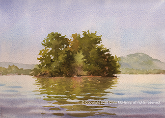 plein air watercolor painting of Electric Island, Lake Hamilton, Hot Springs, Arkansas by Hot Springs artist Chris McHenry