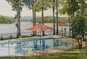 plein air watercolor painting of Lake Hamilton, Hot Springs, AR by Hot Springs artist Chris McHenry