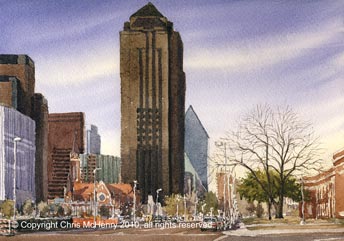 watercolor painting of Dallas Arts District viewed from One Arts Plaza by Dallas artist Chris McHenry