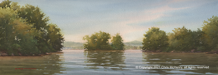 watercolor painting of Lake Hamilton, Hot Springs, Arkansas by Hot Springs artist Chris McHenry