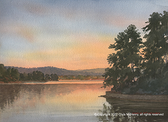 watercolor painting looking towards Garvan Gardens, Lake Hamilton, Hot Springs, Arkansas by Hot Springs artist Chris McHenry